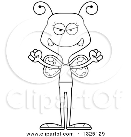 Lineart Clipart of a Cartoon Black and White Mad Casual Butterfly - Royalty Free Outline Vector Illustration by Cory Thoman