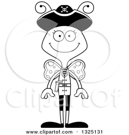 Lineart Clipart of a Cartoon Black and White Happy Butterfly Pirate - Royalty Free Outline Vector Illustration by Cory Thoman
