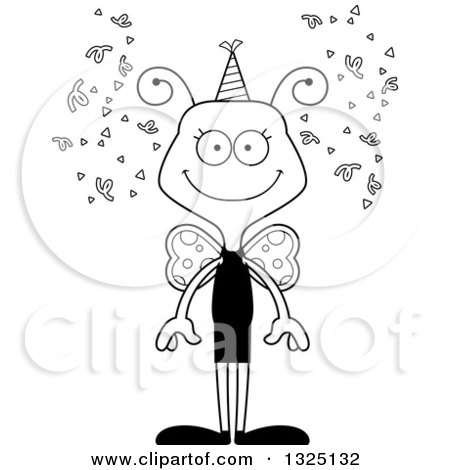 Lineart Clipart of a Cartoon Black and White Happy New Years Party Butterfly - Royalty Free Outline Vector Illustration by Cory Thoman