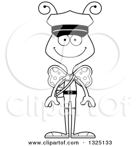 Lineart Clipart of a Cartoon Black and White Happy Butterfly Mailman - Royalty Free Outline Vector Illustration by Cory Thoman