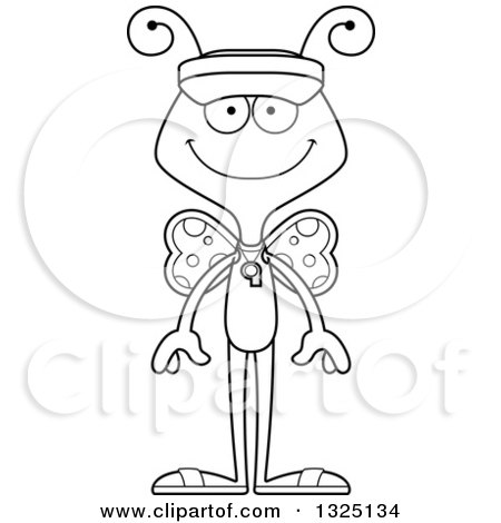 Lineart Clipart of a Cartoon Black and White Happy Butterfly Lifeguard - Royalty Free Outline Vector Illustration by Cory Thoman