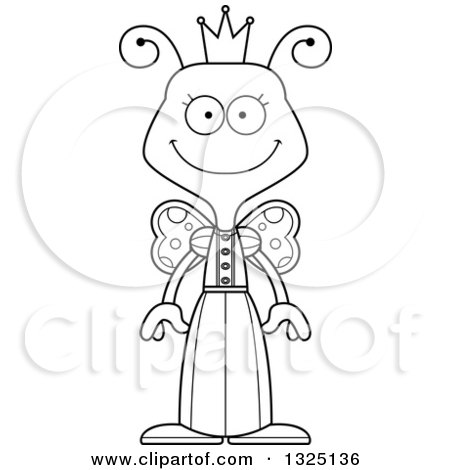 Lineart Clipart of a Cartoon Black and White Happy Butterfly Princess - Royalty Free Outline Vector Illustration by Cory Thoman