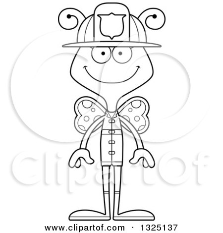 Lineart Clipart of a Cartoon Black and White Happy Butterfly Firefighter - Royalty Free Outline Vector Illustration by Cory Thoman