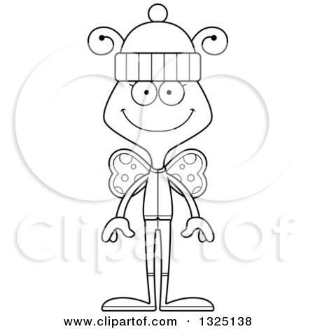 Lineart Clipart of a Cartoon Black and White Happy Butterfly in Winter Clothes - Royalty Free Outline Vector Illustration by Cory Thoman