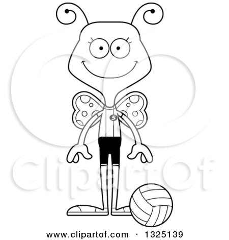 Lineart Clipart of a Cartoon Black and White Happy Butterfly Volleyball Player - Royalty Free Outline Vector Illustration by Cory Thoman