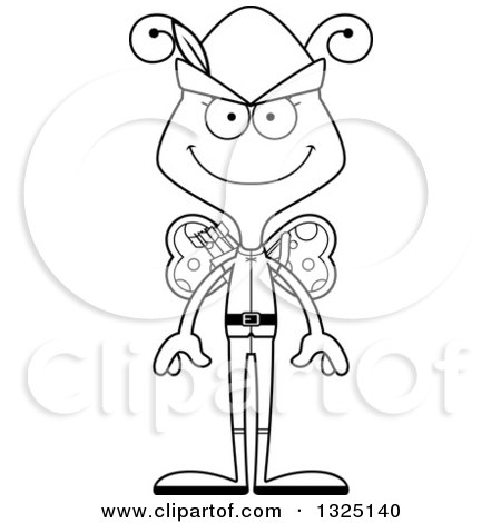 Lineart Clipart of a Cartoon Black and White Happy Butterfly Robin Hood - Royalty Free Outline Vector Illustration by Cory Thoman
