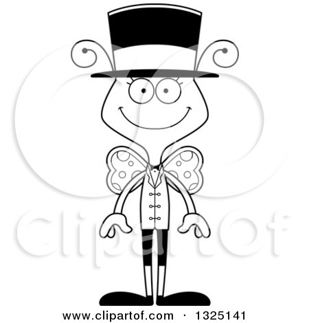 Lineart Clipart of a Cartoon Black and White Happy Butterfly Circus Ringmaster - Royalty Free Outline Vector Illustration by Cory Thoman