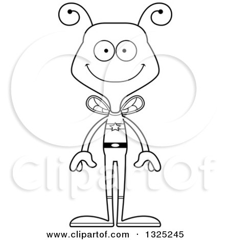 Lineart Clipart of a Cartoon Black and White Happy Bee Super Hero - Royalty Free Outline Vector Illustration by Cory Thoman