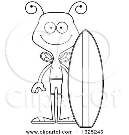 Lineart Clipart of a Cartoon Black and White Happy Bee Surfer - Royalty Free Outline Vector Illustration by Cory Thoman