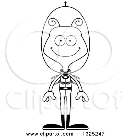 Lineart Clipart of a Cartoon Black and White Happy Futuristic Space Bee - Royalty Free Outline Vector Illustration by Cory Thoman