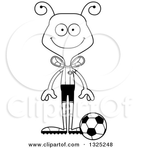Lineart Clipart of a Cartoon Black and White Happy Bee Soccer Player - Royalty Free Outline Vector Illustration by Cory Thoman