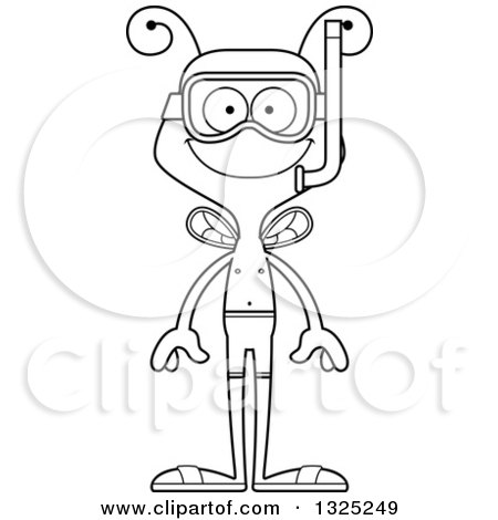 Lineart Clipart of a Cartoon Black and White Happy Bee in Snorkel Gear - Royalty Free Outline Vector Illustration by Cory Thoman