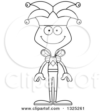 Lineart Clipart of a Cartoon Black and White Happy Bee Jester - Royalty Free Outline Vector Illustration by Cory Thoman