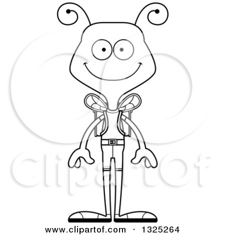Lineart Clipart of a Cartoon Black and White Happy Bee Hiker - Royalty Free Outline Vector Illustration by Cory Thoman