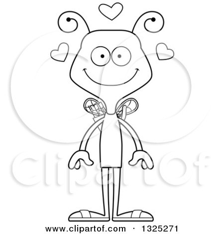 Lineart Clipart of a Cartoon Black and White Happy Valentines Day Cupid Bee - Royalty Free Outline Vector Illustration by Cory Thoman