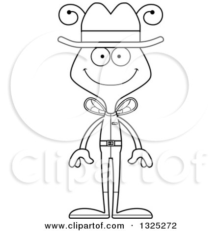 Lineart Clipart of a Cartoon Black and White Happy Bee Cowboy - Royalty Free Outline Vector Illustration by Cory Thoman