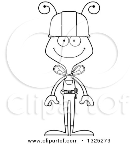 Lineart Clipart of a Cartoon Black and White Happy Bee Construction Worker - Royalty Free Outline Vector Illustration by Cory Thoman