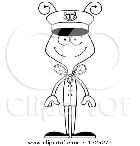 Lineart Clipart of a Cartoon Black and White Happy Bee Boat Captain - Royalty Free Outline Vector Illustration by Cory Thoman