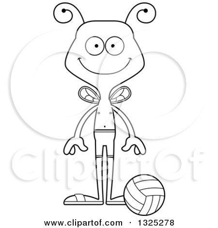 Lineart Clipart of a Cartoon Black and White Happy Bee Beach Volleyball Player - Royalty Free Outline Vector Illustration by Cory Thoman