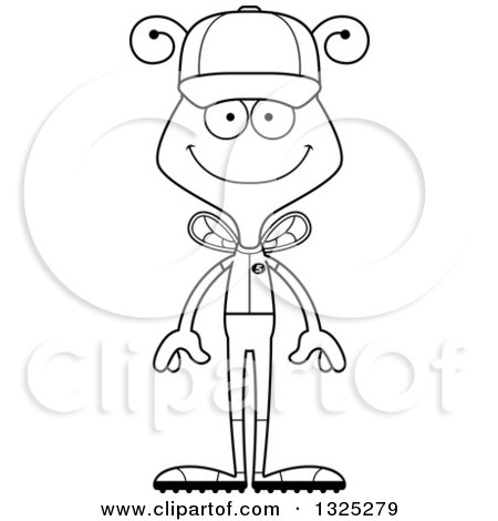 Lineart Clipart of a Cartoon Black and White Happy Bee Baseball Player - Royalty Free Outline Vector Illustration by Cory Thoman