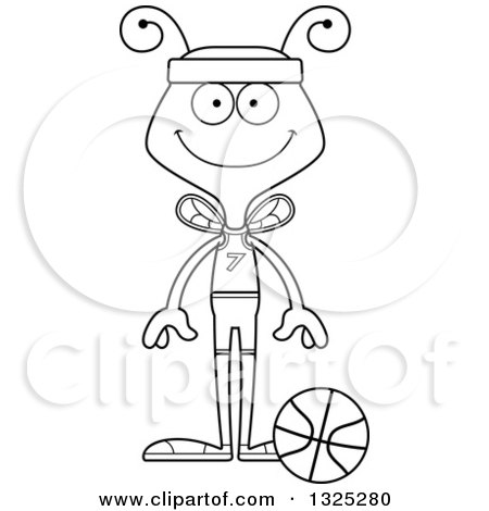 Lineart Clipart of a Cartoon Black and White Happy Bee Basketball Player - Royalty Free Outline Vector Illustration by Cory Thoman