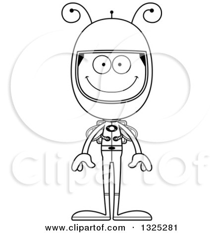 Lineart Clipart of a Cartoon Black and White Happy Bee Astronaut - Royalty Free Outline Vector Illustration by Cory Thoman
