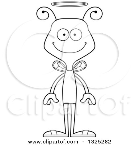Lineart Clipart of a Cartoon Black and White Happy Bee Angel - Royalty Free Outline Vector Illustration by Cory Thoman