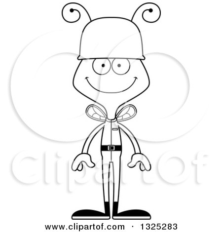 Lineart Clipart of a Cartoon Black and White Happy Bee Soldier - Royalty Free Outline Vector Illustration by Cory Thoman