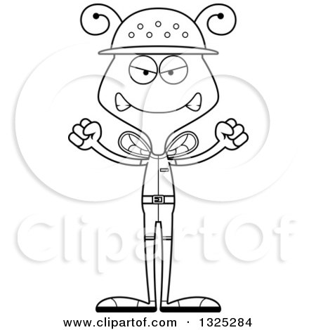 Lineart Clipart of a Cartoon Black and White Mad Bee Zookeeper - Royalty Free Outline Vector Illustration by Cory Thoman