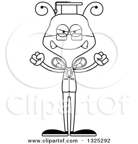Lineart Clipart of a Cartoon Black and White Mad Bee Professor - Royalty Free Outline Vector Illustration by Cory Thoman