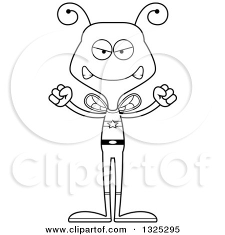 Lineart Clipart of a Cartoon Black and White Mad Bee Super Hero - Royalty Free Outline Vector Illustration by Cory Thoman