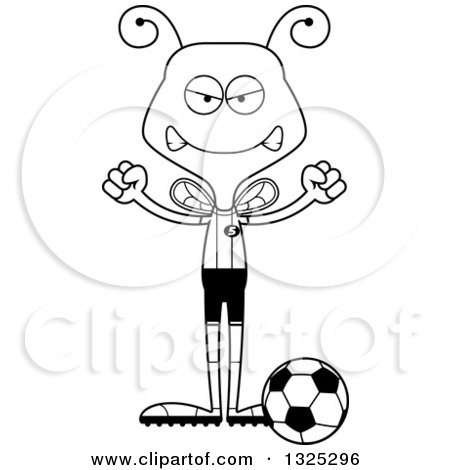 Lineart Clipart of a Cartoon Black and White Mad Bee Soccer Player - Royalty Free Outline Vector Illustration by Cory Thoman
