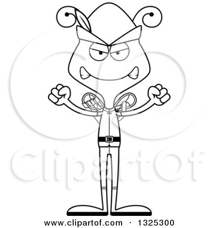 Lineart Clipart of a Cartoon Black and White Mad Bee Robin Hood - Royalty Free Outline Vector Illustration by Cory Thoman