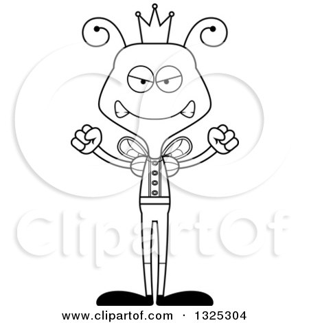 Lineart Clipart of a Cartoon Black and White Mad Bee Prince - Royalty Free Outline Vector Illustration by Cory Thoman