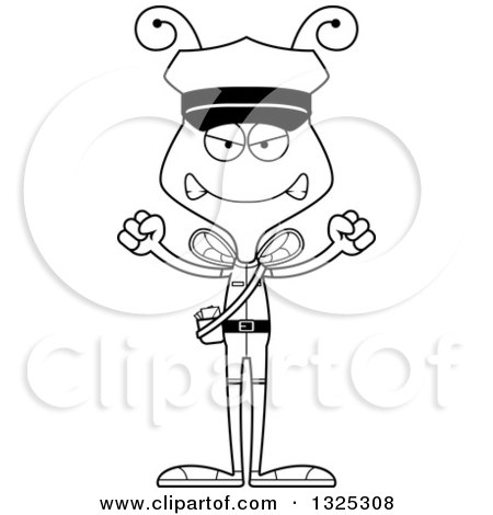 Lineart Clipart of a Cartoon Black and White Mad Bee Mailman - Royalty Free Outline Vector Illustration by Cory Thoman