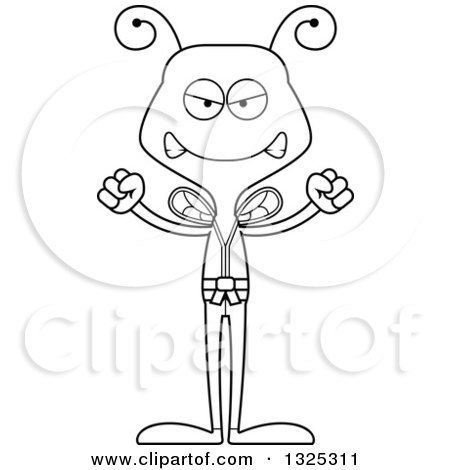 Lineart Clipart of a Cartoon Black and White Mad Karate Bee - Royalty Free Outline Vector Illustration by Cory Thoman