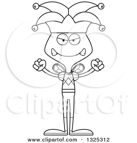 Lineart Clipart of a Cartoon Black and White Mad Bee Jester - Royalty Free Outline Vector Illustration by Cory Thoman