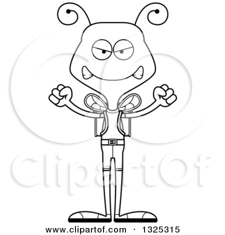 Lineart Clipart of a Cartoon Black and White Mad Bee Hiker - Royalty Free Outline Vector Illustration by Cory Thoman
