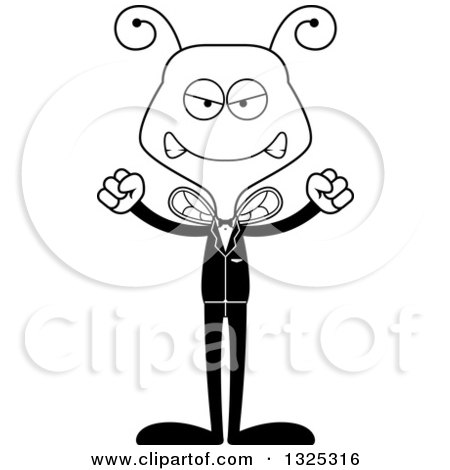 Lineart Clipart of a Cartoon Black and White Mad Bee Wedding Groom - Royalty Free Outline Vector Illustration by Cory Thoman