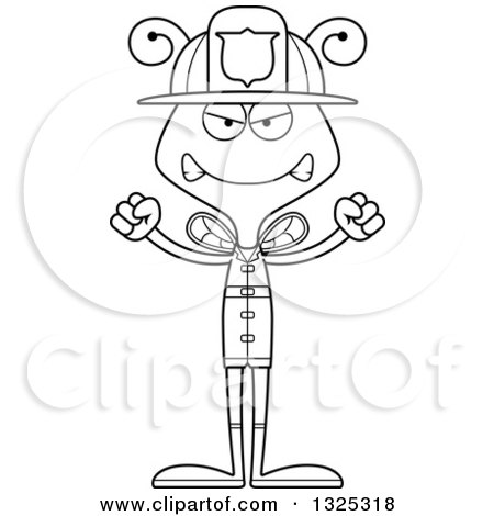 Lineart Clipart of a Cartoon Black and White Mad Bee Firefighter - Royalty Free Outline Vector Illustration by Cory Thoman