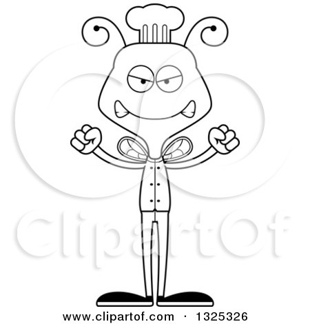 Lineart Clipart of a Cartoon Black and White Mad Bee Chef - Royalty Free Outline Vector Illustration by Cory Thoman