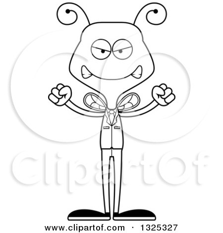 Lineart Clipart of a Cartoon Black and White Mad Business Bee - Royalty Free Outline Vector Illustration by Cory Thoman