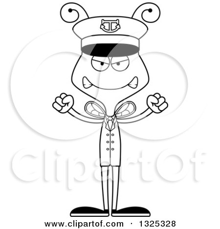 Lineart Clipart of a Cartoon Black and White Mad Bee Boat Captain - Royalty Free Outline Vector Illustration by Cory Thoman
