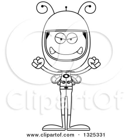 Lineart Clipart of a Cartoon Black and White Mad Bee Astronaut - Royalty Free Outline Vector Illustration by Cory Thoman