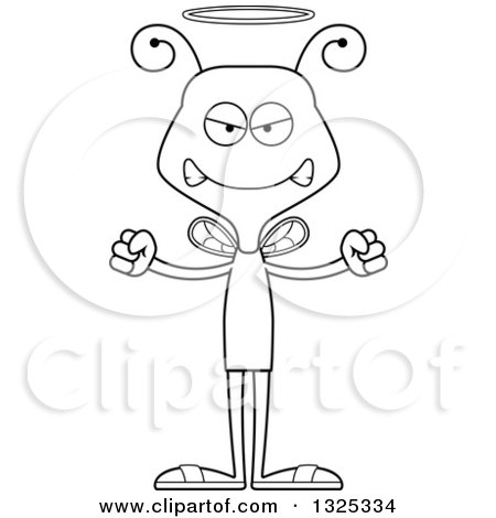 Lineart Clipart of a Cartoon Black and White Mad Bee Angel - Royalty Free Outline Vector Illustration by Cory Thoman