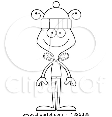 Lineart Clipart of a Cartoon Black and White Happy Bee in Winter Clothes - Royalty Free Outline Vector Illustration by Cory Thoman