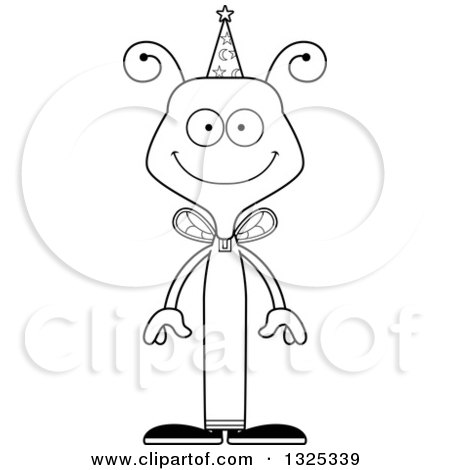 Lineart Clipart of a Cartoon Black and White Happy Bee Wizard - Royalty Free Outline Vector Illustration by Cory Thoman