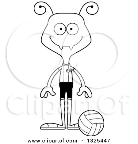 Lineart Clipart of a Cartoon Black and White Happy Ant Volleyball Player - Royalty Free Outline Vector Illustration by Cory Thoman