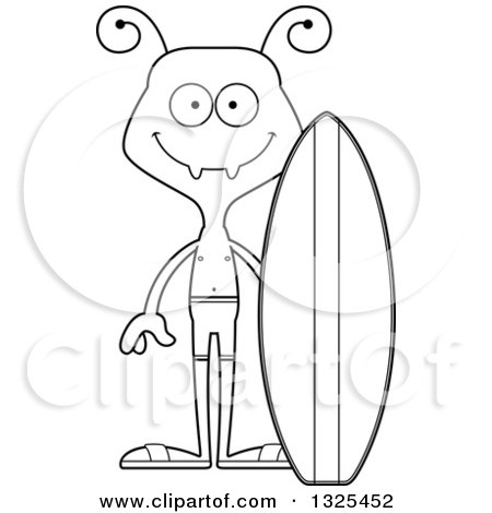 Lineart Clipart of a Cartoon Black and White Happy Ant Surfer - Royalty Free Outline Vector Illustration by Cory Thoman