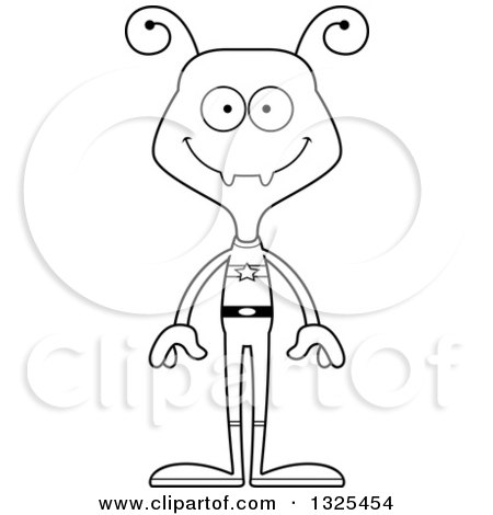 Lineart Clipart of a Cartoon Black and White Happy Ant Super Hero - Royalty Free Outline Vector Illustration by Cory Thoman
